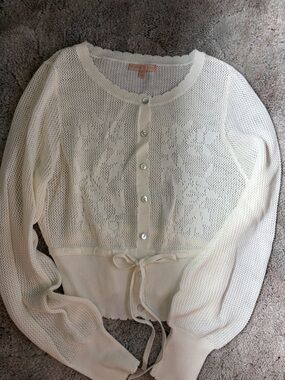 Light Cream Knit Button-Front Cardigan with Tie Waist